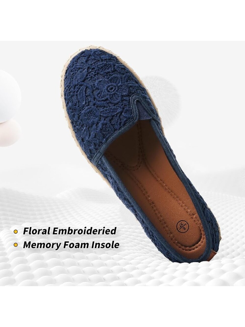 Women's Navy Blue Rubber Flower Embroidered Comfortable Round Toe Ballet Flat - Picture 4 of 6